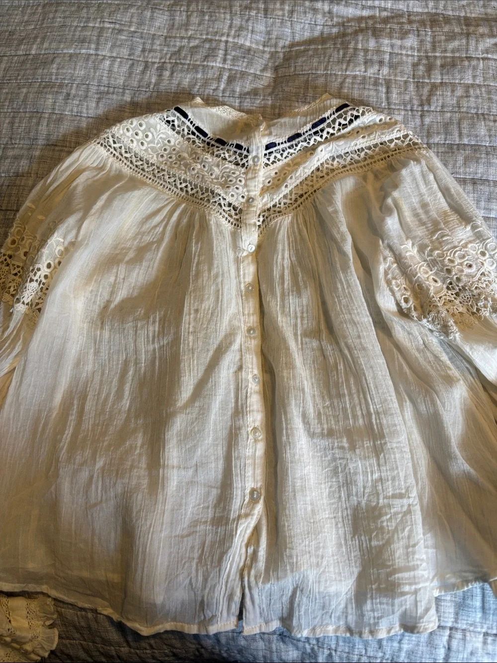 Free People Ivory Eyelet Peasant Top with Lace Yoke - Picture 3 of 5